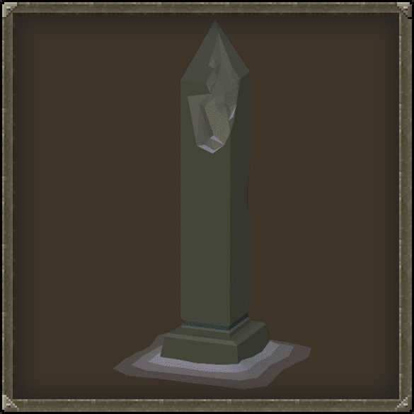A Forinthry Gate - a tall green stone obelisk with a glowing crystal set into it, standing on a small stone base