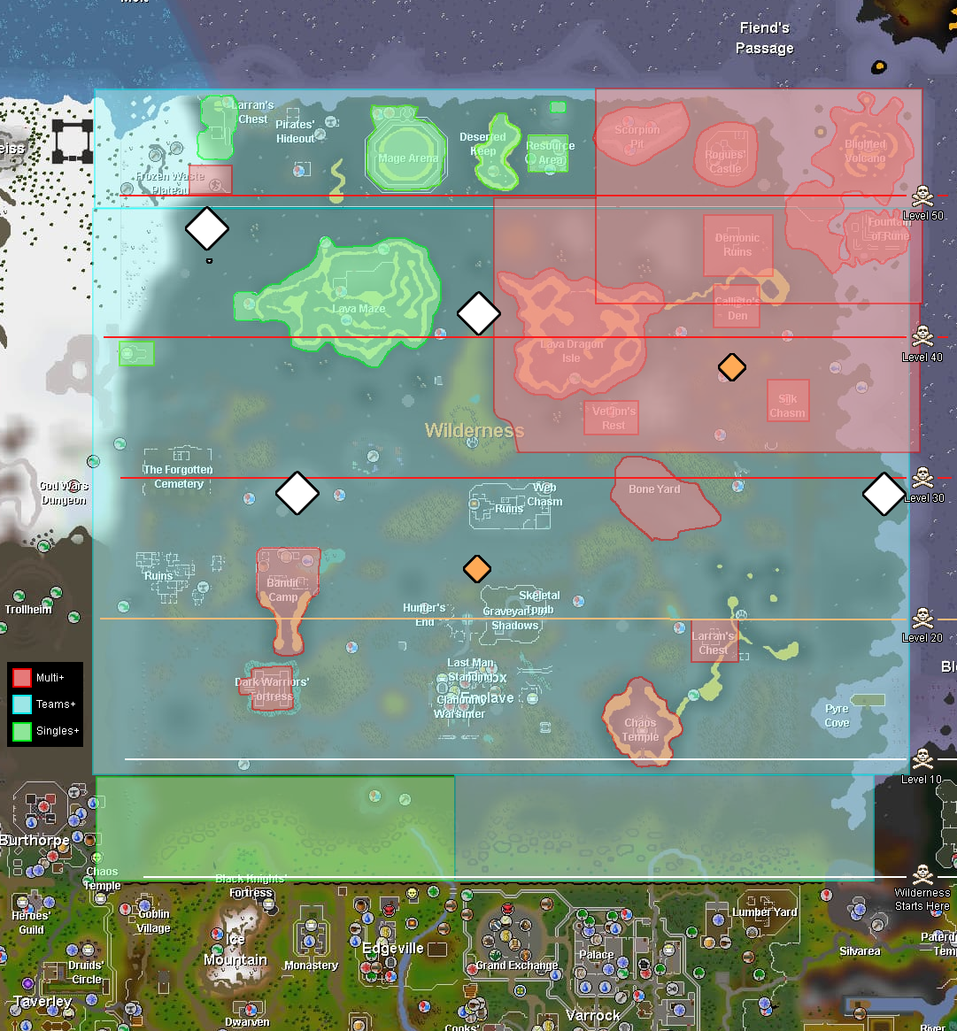 Wilderness map showing suggested Forinthry Gate locations - white diamonds for gates with a safe barrier, orange diamonds for gates with no barrier